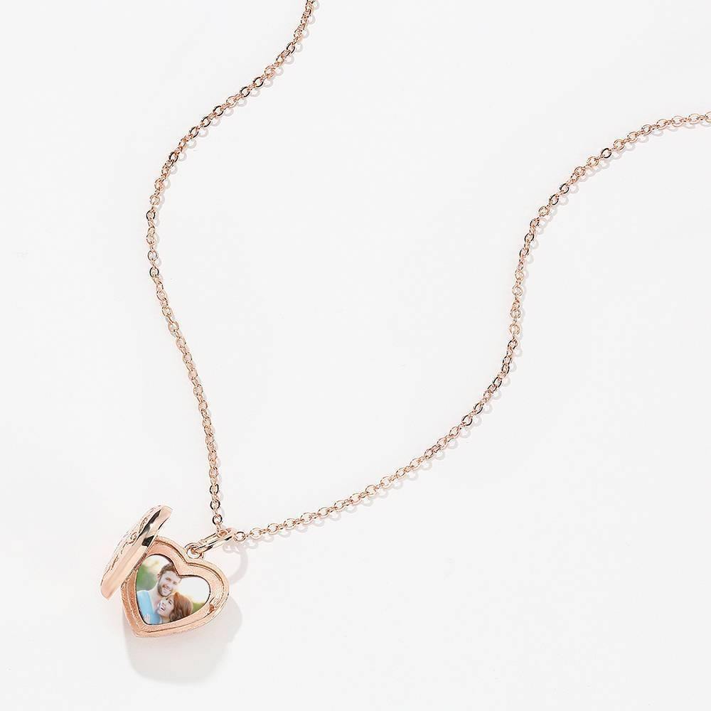 Embossed Printing Heart Photo Locket Necklace Rose Gold Plated - soufeelus