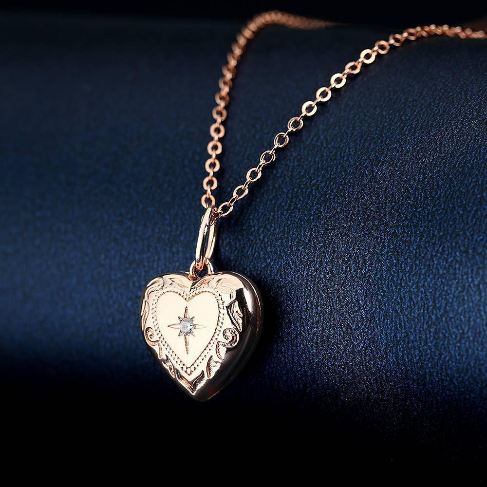 Embossed Printing Heart Photo Locket Necklace Rose Gold Plated - soufeelus