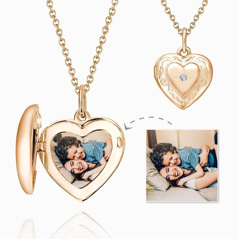 Mothers Day Gift - Embossed Printing Heart Photo Locket Necklace Rose Gold Plated - soufeelus