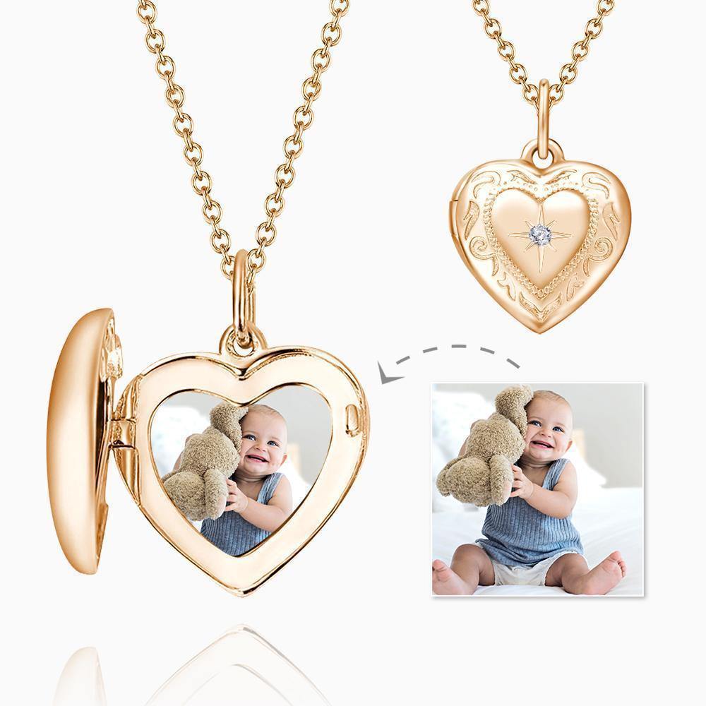 Embossed Printing Heart Photo Locket Necklace Rose Gold Plated - soufeelus