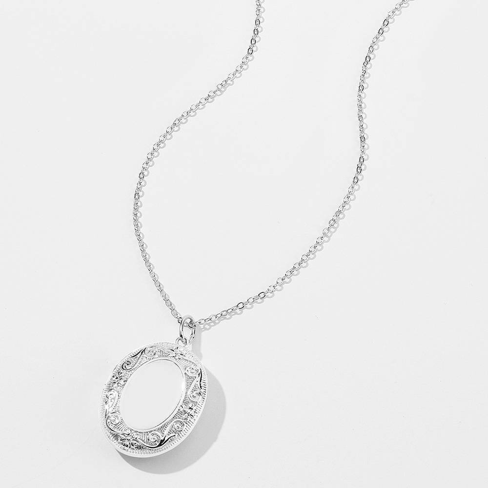 Embossed Oval Photo Locket Necklace With Engraving Platinum Plated