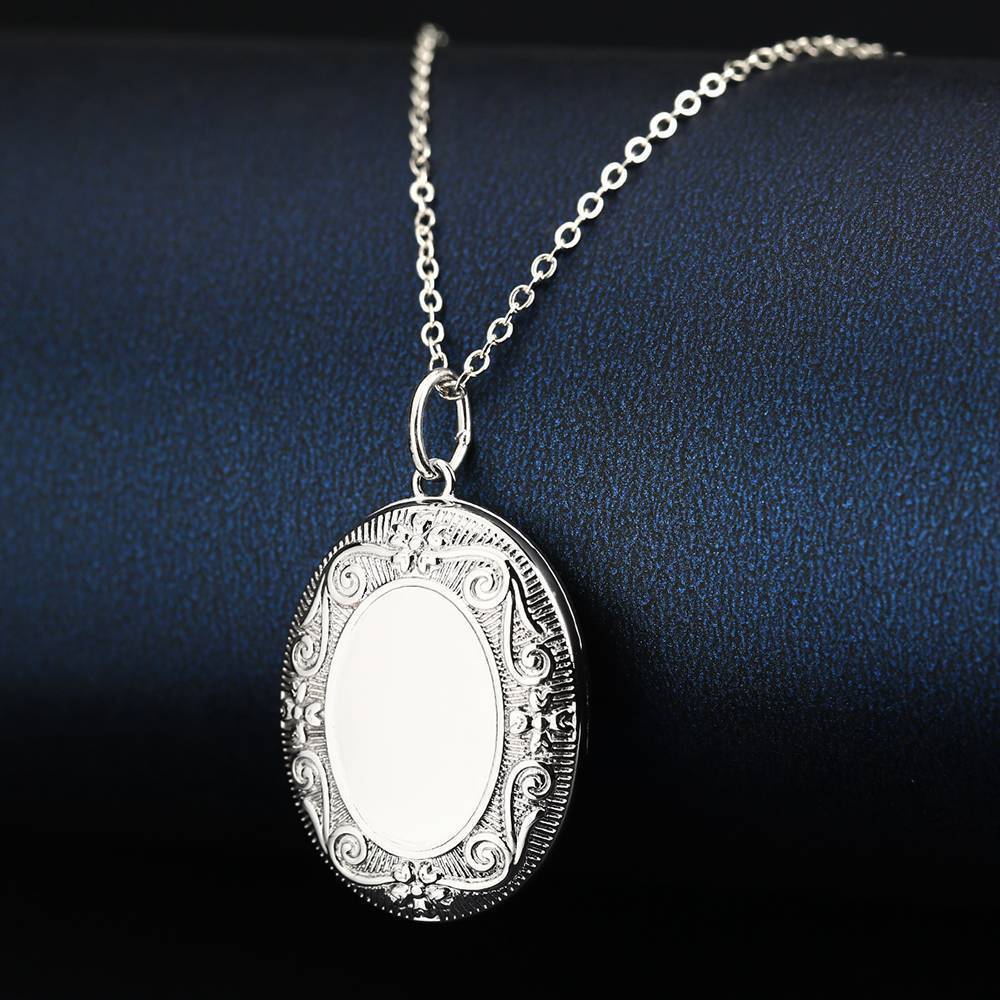 Embossed Oval Photo Locket Necklace With Engraving Platinum Plated