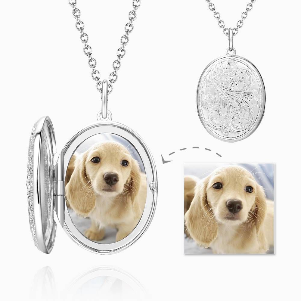Embossed Oval Photo Locket Necklace With Engraving Platinum Plated Tc231