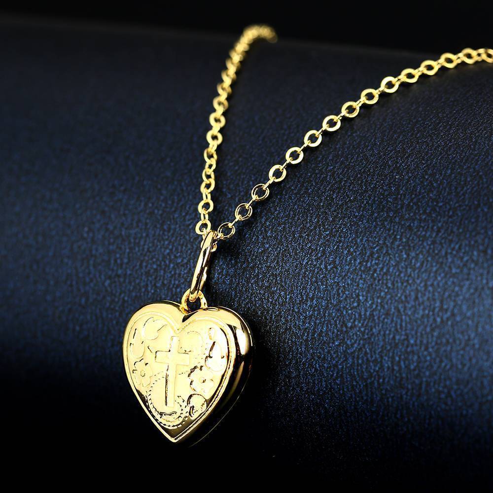 Cross Printing Heart Photo Locket Necklace With Engraving 14k Gold Plated