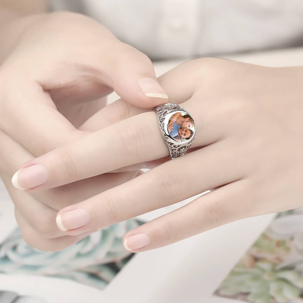 Round Photo Ring Silver Couple Gift