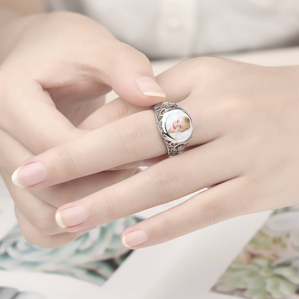 Photo Ring Round Shaped Silver Always Love You