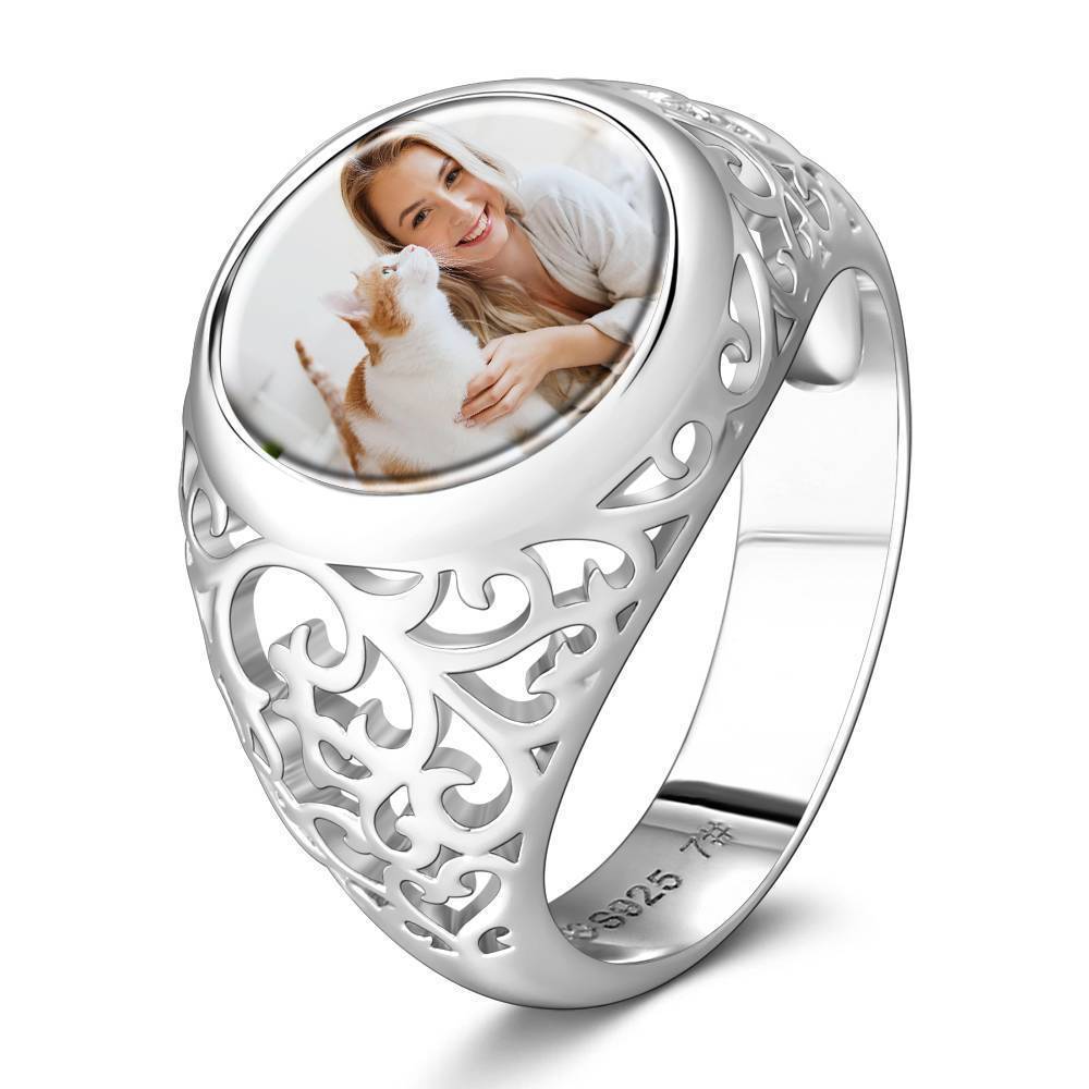 Photo Ring Round Shaped Silver Unique Gift