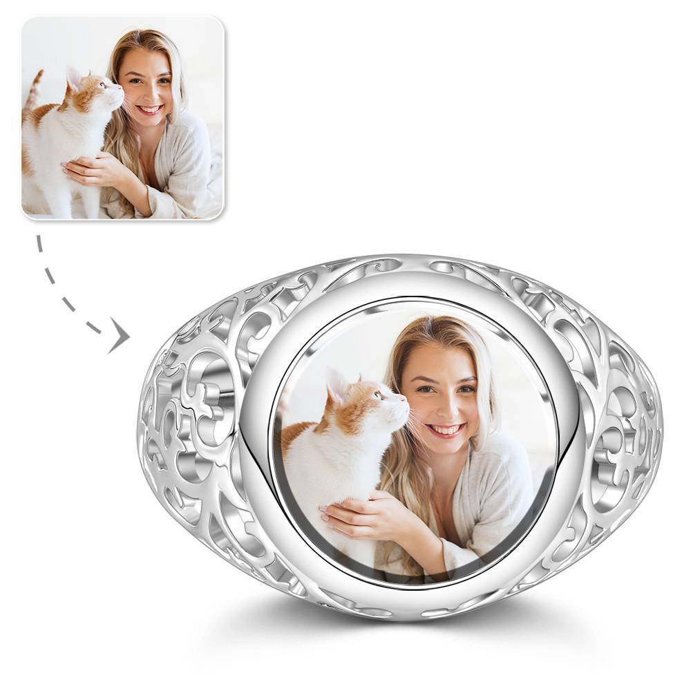 Photo Ring Round Shaped Silver Unique Gift