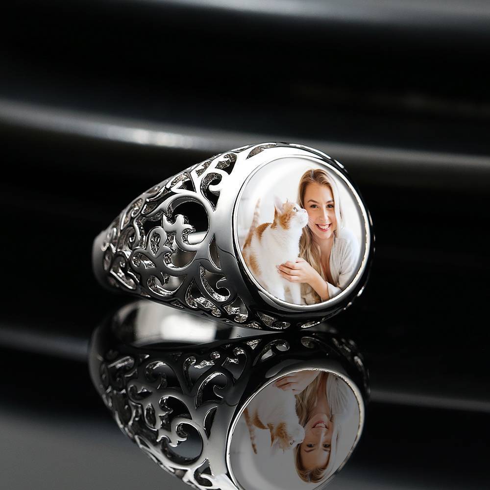 Photo Ring Round Shaped Silver Unique Gift