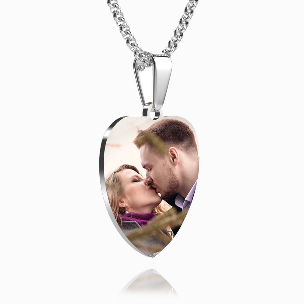 Engraved Heart Tag Photo Necklace Stainless Steel