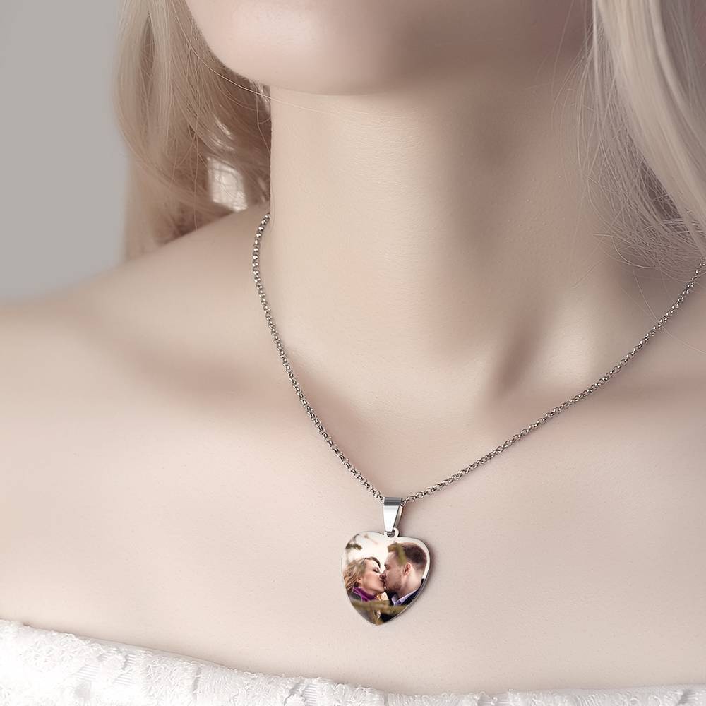 Engraved Heart Tag Photo Necklace Stainless Steel