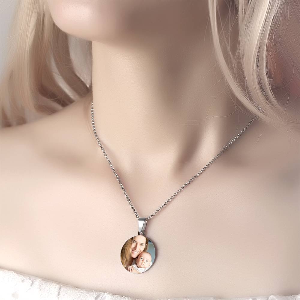 Engraved Round Tag Photo Necklace Stainless Steel