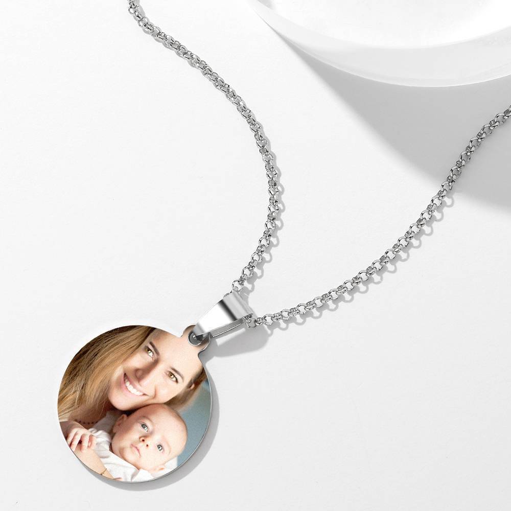 Engraved Round Tag Photo Necklace Stainless Steel