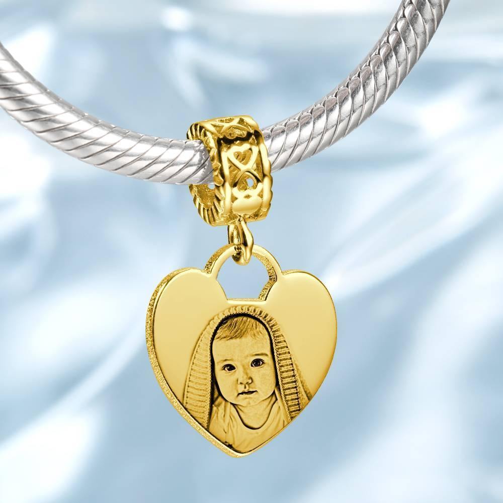 Photo Charm with Heart-shaped, Custom Portrait Jewelry 14K Gold Plated - Golden - soufeelus