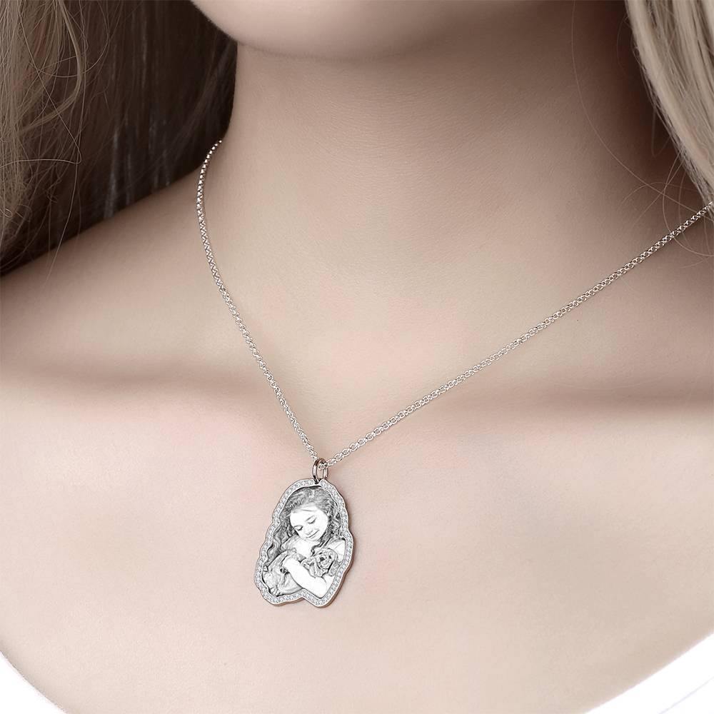 Photo Engraved Necklace, Rhinestone Crystal Cute Necklace Platinum Plated Silver - Sketch - soufeelus