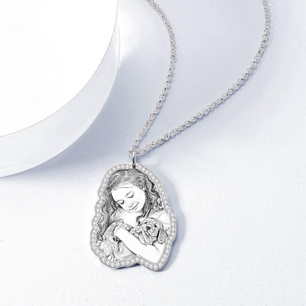 Photo Engraved Necklace, Rhinestone Crystal Cute Necklace Platinum Plated Silver - Sketch - soufeelus