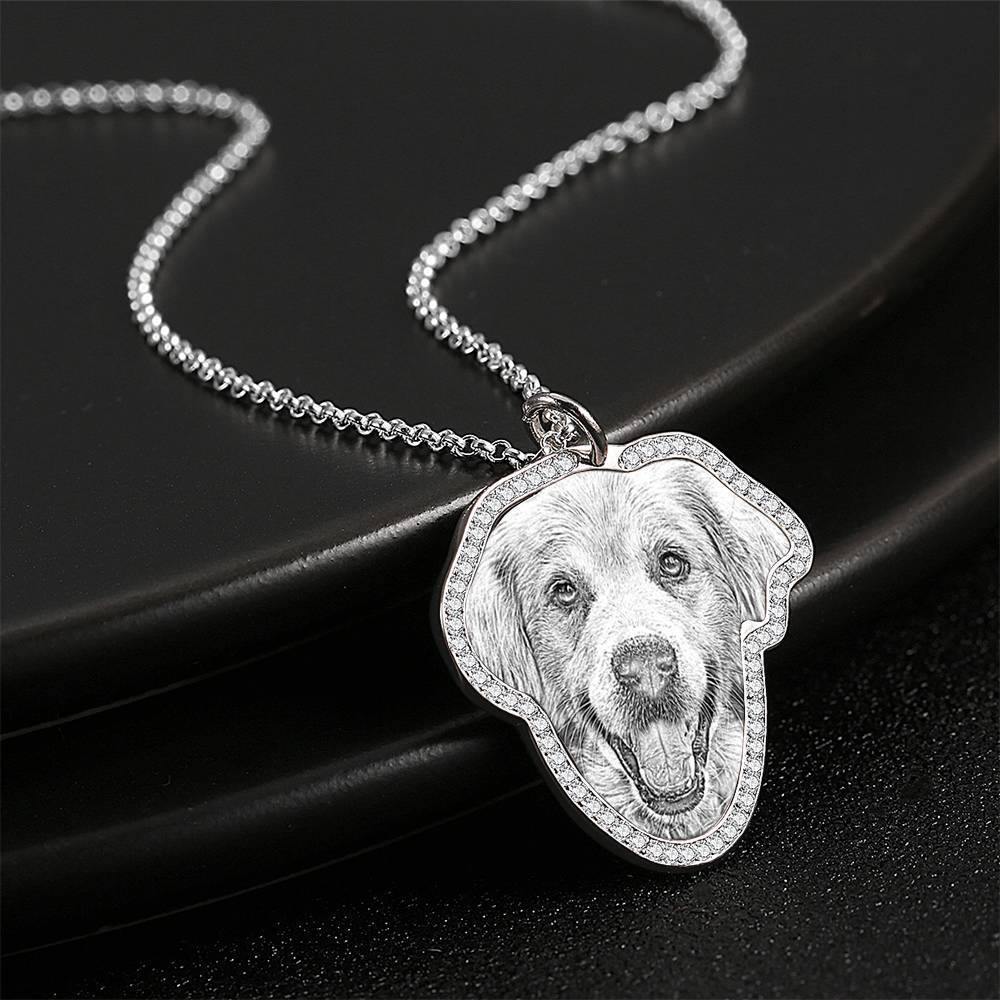 Photo Engraved Necklace, Rhinestone Crystal Cute Necklace Platinum Plated Silver - Sketch - soufeelus