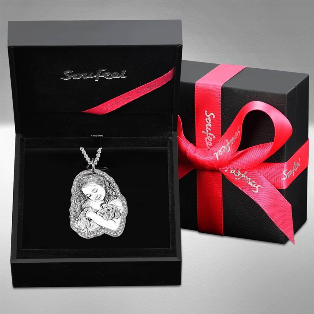 Photo Engraved Necklace, Rhinestone Crystal Cute Necklace Platinum Plated Silver - Sketch - soufeelus