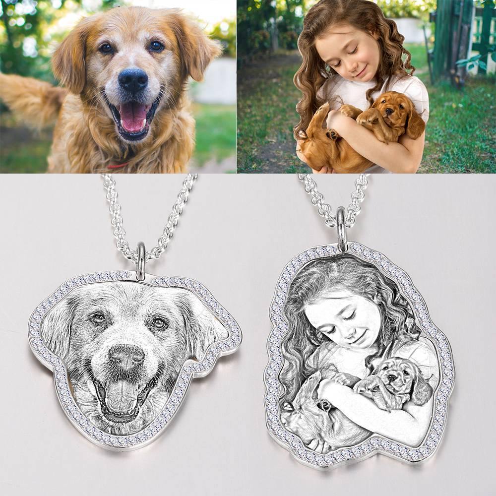 Photo Engraved Necklace, Rhinestone Crystal Cute Necklace Platinum Plated Silver - Sketch - soufeelus