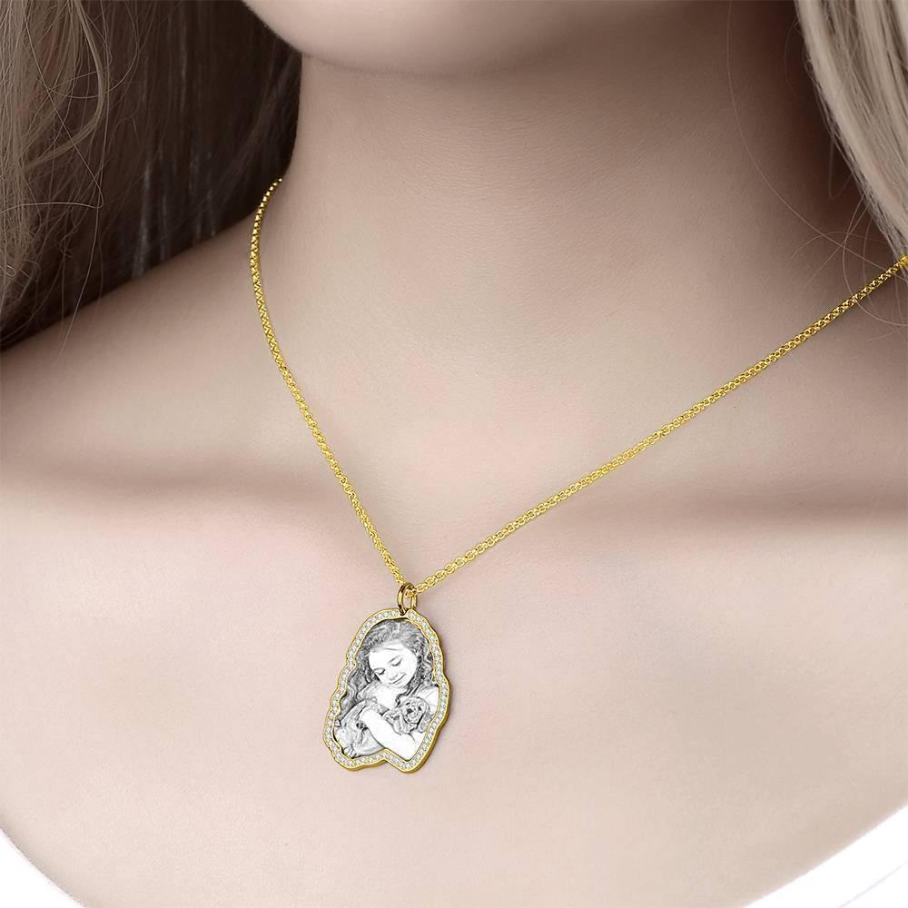 Photo Engraved Necklace, Rhinestone Crystal Perfect Gift Necklace 14K Plated Gold - Sketch - soufeelus