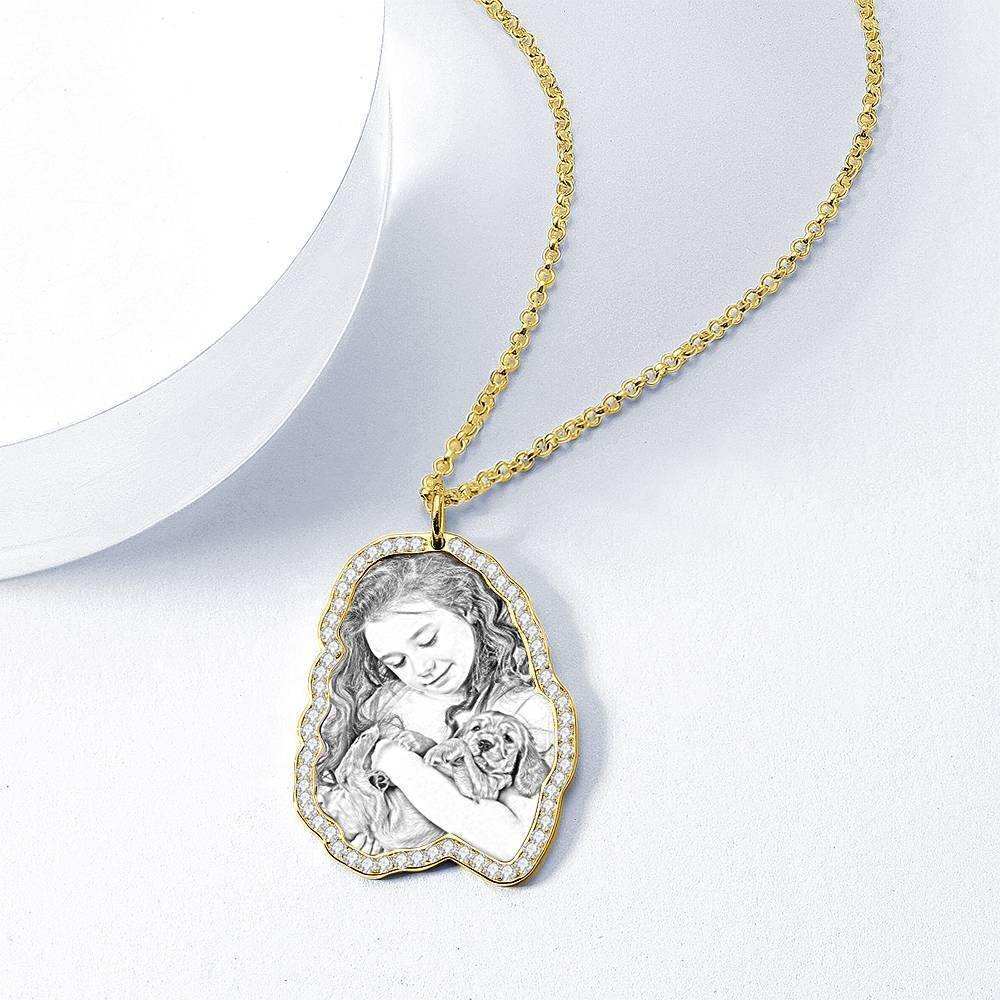 Photo Engraved Necklace, Rhinestone Crystal Perfect Gift Necklace 14K Plated Gold - Sketch - soufeelus