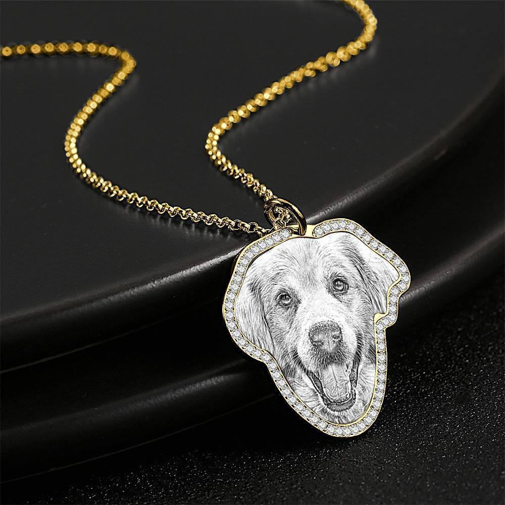 Photo Engraved Necklace, Rhinestone Crystal Perfect Gift Necklace 14K Plated Gold - Sketch - soufeelus