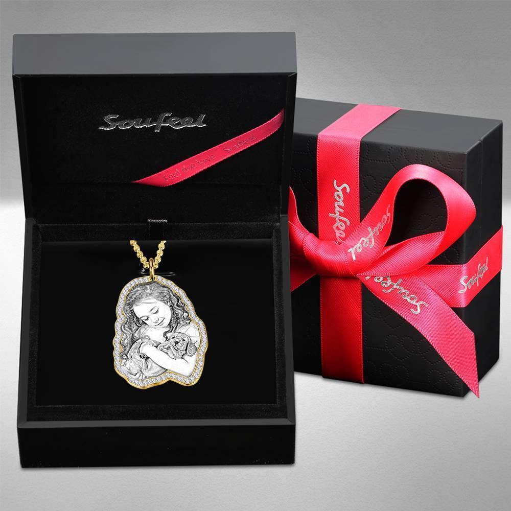 Photo Engraved Necklace, Rhinestone Crystal Perfect Gift Necklace 14K Plated Gold - Sketch - soufeelus
