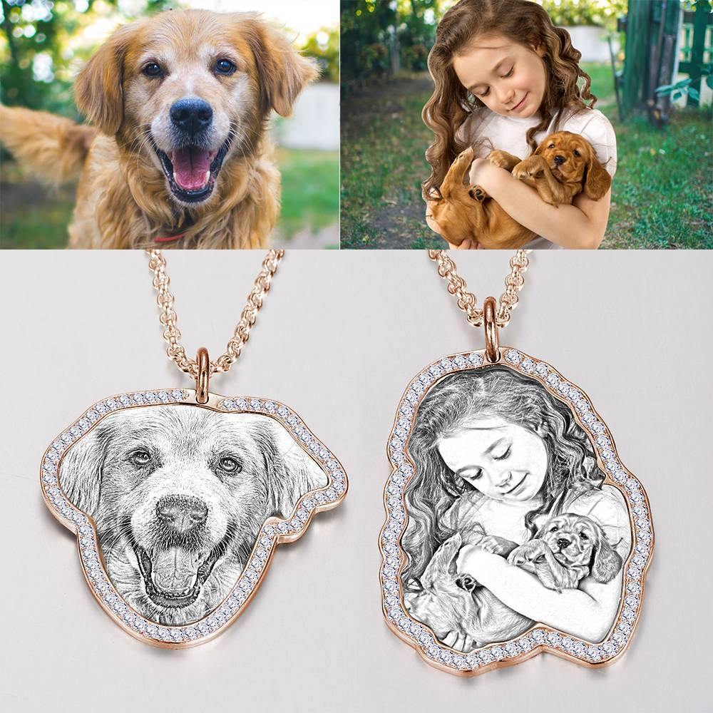 Photo Engraved Necklace, Rhinestone Crystal Perfect Gift Necklace 14K Plated Gold - Sketch - soufeelus