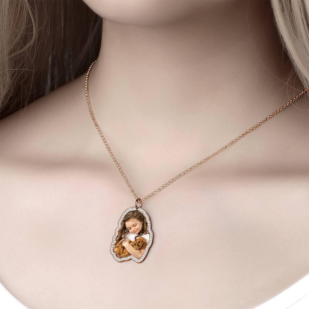 Photo Engraved Necklace, Rhinestone Crystal Memorial Gift Necklace Rose Gold Plated - Colorful - soufeelus