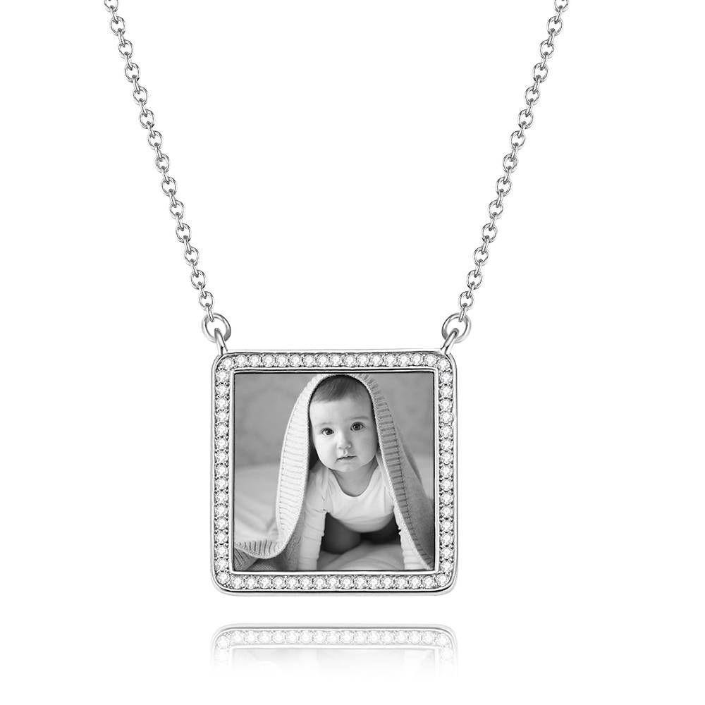 Photo Engraved Necklace Rhinestone Crystal Square Shape Unique Necklace Rose Gold Plated - Photocopying - soufeelus