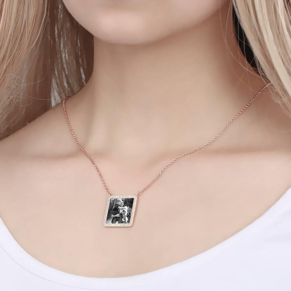 Photo Engraved Necklace Rhinestone Crystal Square Shape Unique Necklace Rose Gold Plated - Photocopying - soufeelus