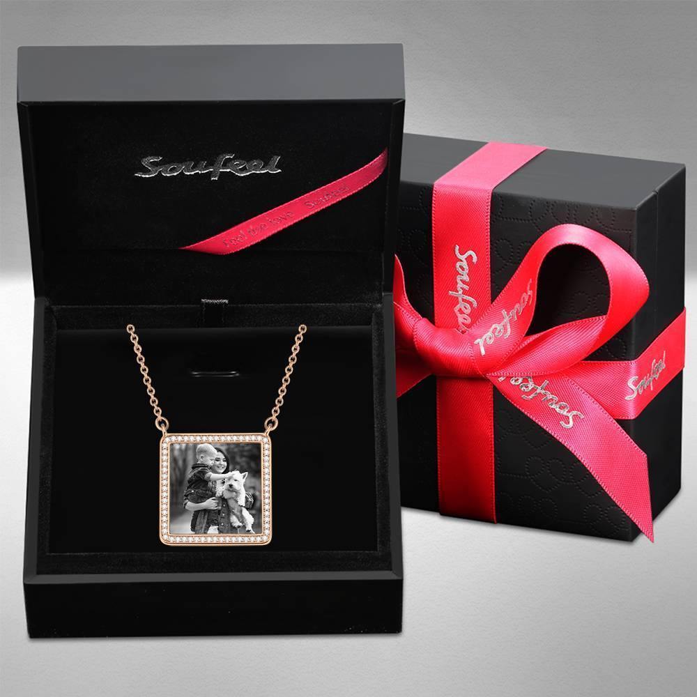 Photo Engraved Necklace Rhinestone Crystal Square Shape Unique Necklace Rose Gold Plated - Photocopying - soufeelus