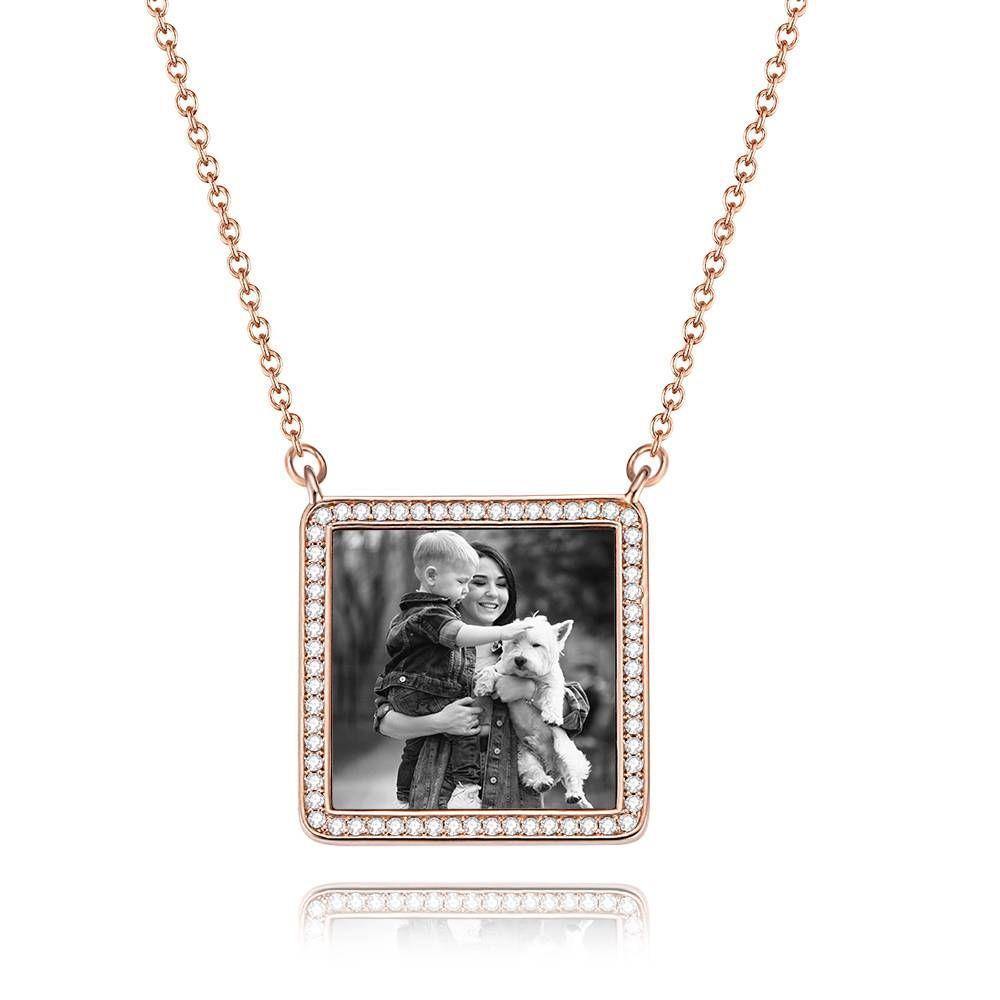 Photo Engraved Necklace Rhinestone Crystal Square Shape Unique Necklace Rose Gold Plated - Photocopying - soufeelus