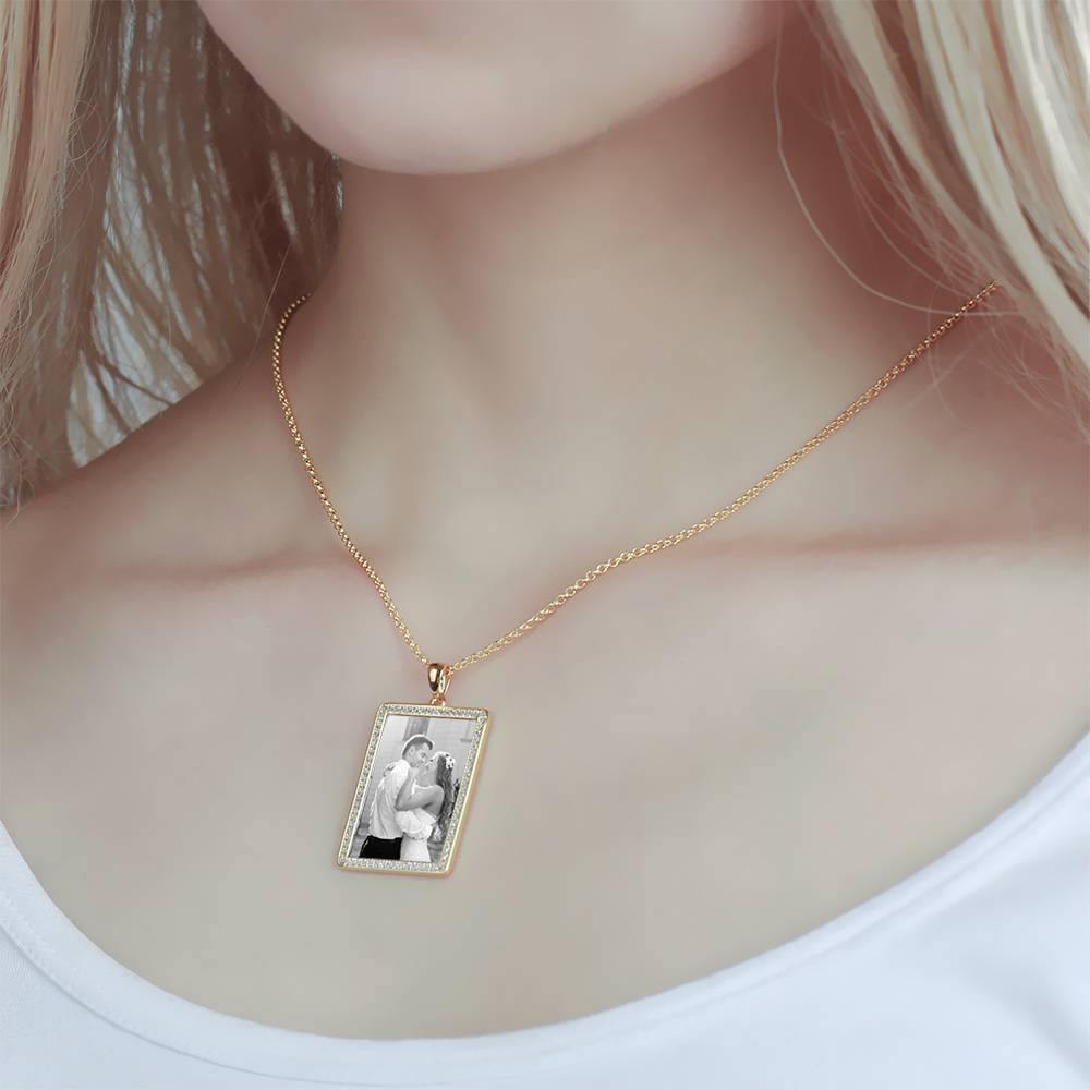 Photo Engraved Necklace Rhinestone Crystal, Photo Necklace Best Gift 14K Plated Gold Golden - Photocopying - soufeelus