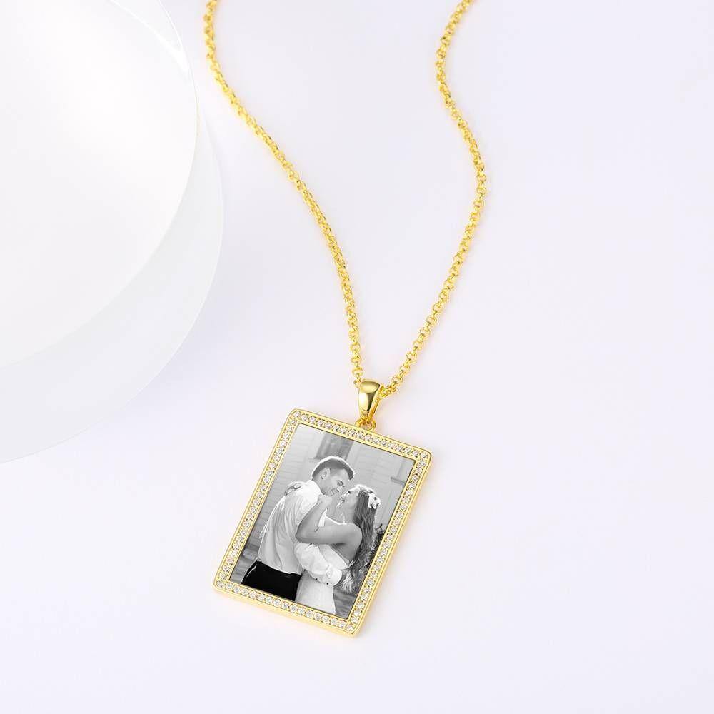 Photo Engraved Necklace Rhinestone Crystal, Photo Necklace Best Gift 14K Plated Gold Golden - Photocopying - soufeelus