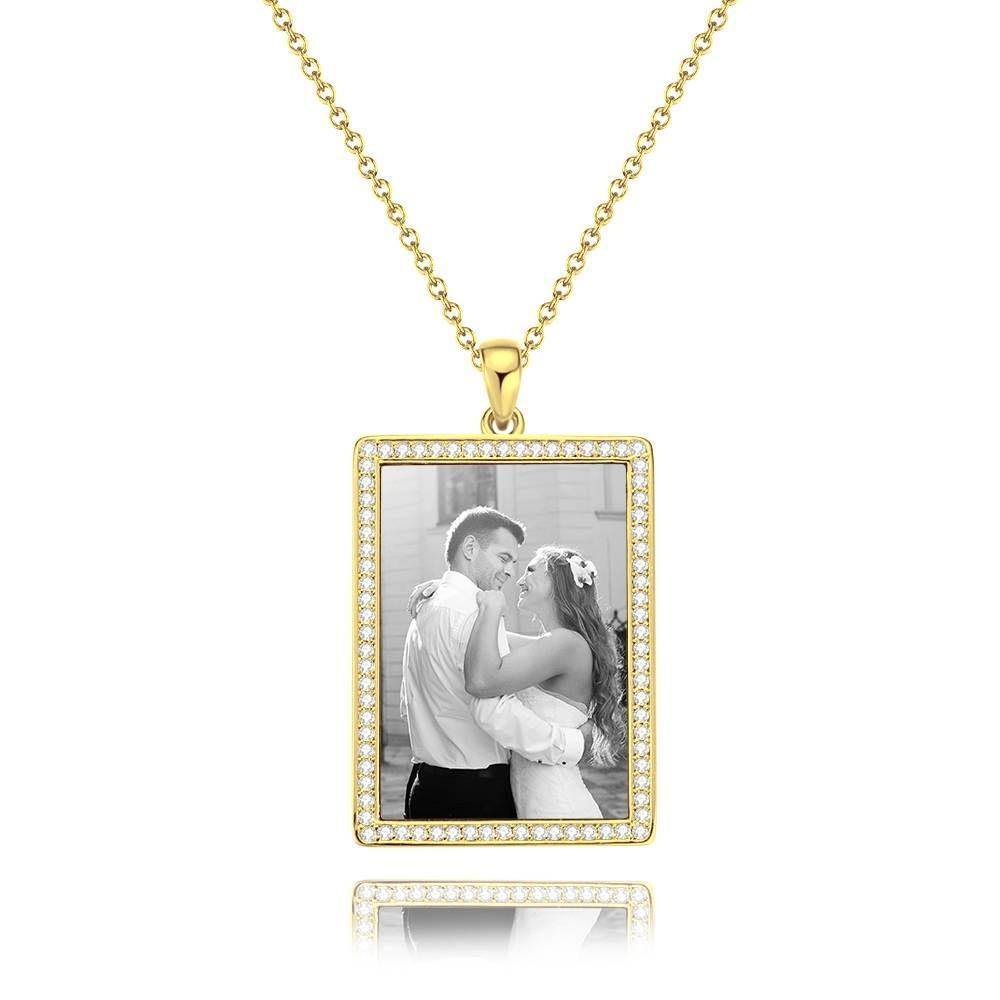 Photo Engraved Necklace Rhinestone Crystal, Photo Necklace Best Gift 14K Plated Gold Golden - Photocopying - soufeelus