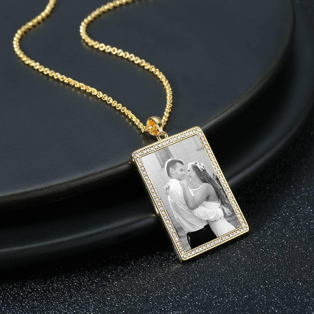 Photo Engraved Necklace Rhinestone Crystal, Photo Necklace Best Gift 14K Plated Gold Golden - Photocopying - soufeelus