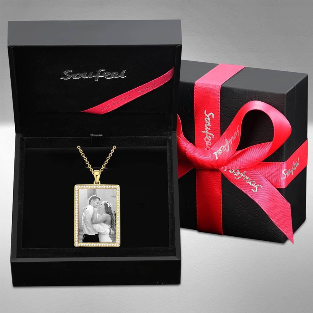 Photo Engraved Necklace Rhinestone Crystal, Photo Necklace Best Gift 14K Plated Gold Golden - Photocopying - soufeelus