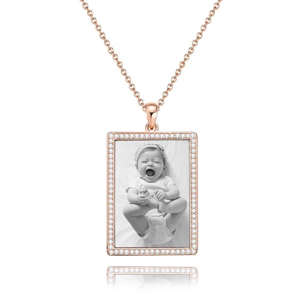 Photo Engraved Necklace Rhinestone Crystal, Photo Necklace Best Gift 14K Plated Gold Golden - Photocopying - soufeelus