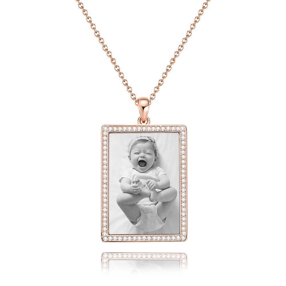 Photo Engraved Necklace Rhinestone Crystal, Photo Necklace Best Gift 14K Plated Gold Golden - Photocopying - soufeelus