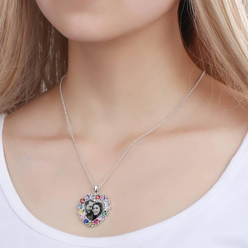 Photo Engraved Necklace Rhinestone Crystal Colorful, Heart-shaped Photo Necklace Best Gift Platinum Plated Silver - Photocopying - soufeelus