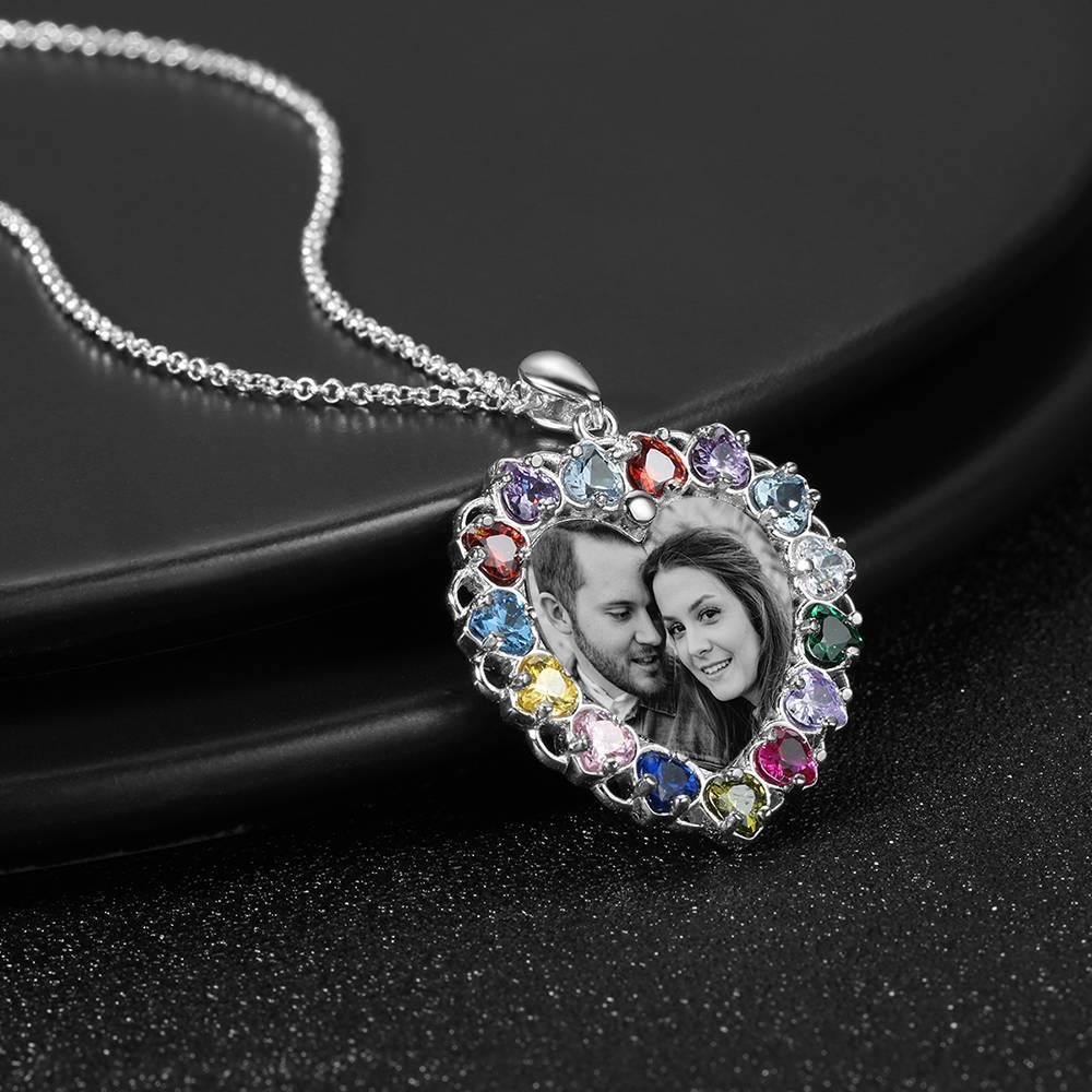 Photo Engraved Necklace Rhinestone Crystal Colorful, Heart-shaped Photo Necklace Best Gift Platinum Plated Silver - Photocopying - soufeelus