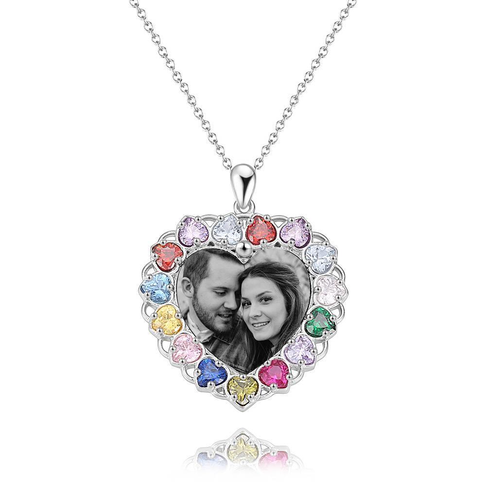 Photo Engraved Necklace Rhinestone Crystal Colorful, Heart-shaped Photo Necklace Best Gift Platinum Plated Silver - Photocopying - soufeelus