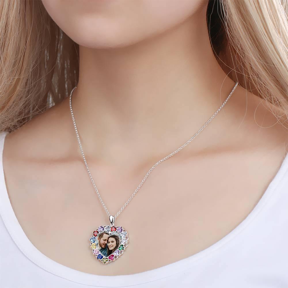 Photo Engraved Necklace Rhinestone Crystal Colorful, Heart-shaped Photo Necklace Keepsake Gift Platinum Plated Silver - Colorful - soufeelus