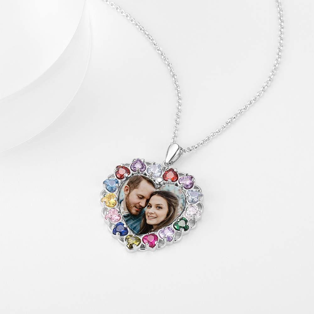 Photo Engraved Necklace Rhinestone Crystal Colorful, Heart-shaped Photo Necklace Keepsake Gift Platinum Plated Silver - Colorful - soufeelus