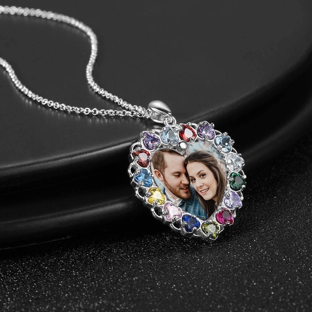 Photo Engraved Necklace Rhinestone Crystal Colorful, Heart-shaped Photo Necklace Keepsake Gift Platinum Plated Silver - Colorful - soufeelus