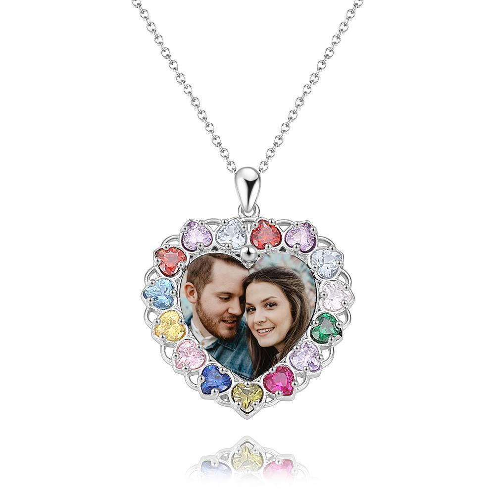 Photo Engraved Necklace Rhinestone Crystal Colorful, Heart-shaped Photo Necklace Keepsake Gift Platinum Plated Silver - Colorful - soufeelus