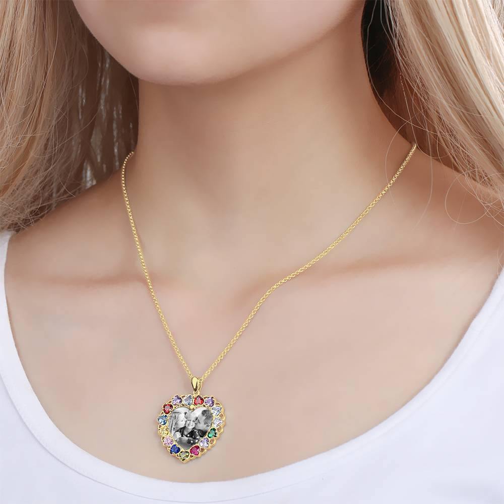 Photo Engraved Necklace Rhinestone Crystal Colorful, Heart-shaped Photo Necklace Best Gift 14K Plated Gold Golden - Photocopying - soufeelus