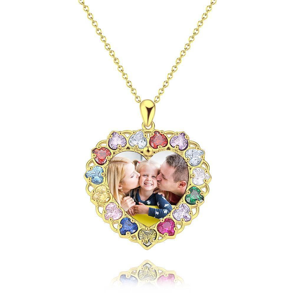 Photo Engraved Necklace Rhinestone Crystal Colorful, Heart-shaped Photo Necklace Keepsake Gift Platinum Plated Silver - Colorful - soufeelus