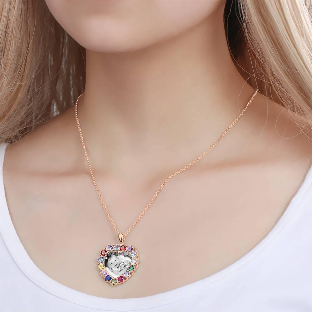 Photo Engraved Necklace Rhinestone Crystal Colorful, Heart-shaped Photo Necklace Best Gift Rose Gold Plated - Photocopying - soufeelus